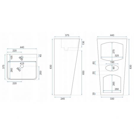 Lavoar stativ EGO Aris, Alb, lucios, 44x37.5x83 cm, montaj podea, ceramica sanitara, cu gaura baterie si preaplin