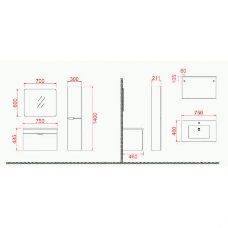 Set mobilier baie cu lavoar, dulap lateral si oglinda , Alb Lucios, 75 cm