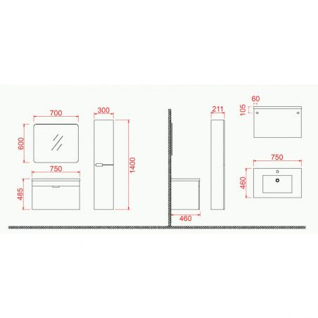 Set mobilier baie cu lavoar, dulap lateral si oglinda , Gri Lucios, 75 cm
