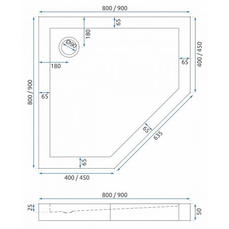 Cadita dus Diamond, Alba, Pentagonala, 80x80 cm, inaltime 5 cm, acril sanitar pur