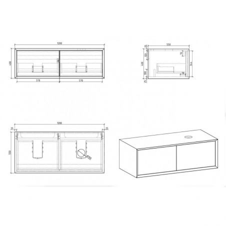 Mobilier de baie EGO-BELLA  prevazut cu unul sau doua lavoare din compozit mineral, 120-180 x 55 cm, Alb Mat, Push to open