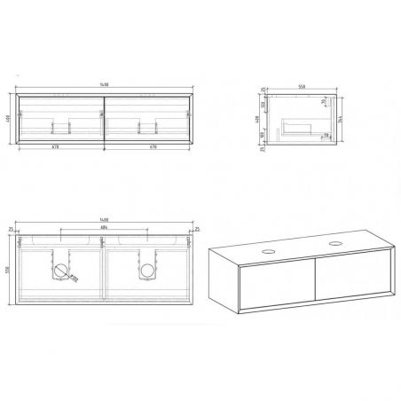 Mobilier de baie EGO-BELLA  prevazut cu unul sau doua lavoare din compozit mineral, 120-180 x 55 cm, Alb Mat, Push to open