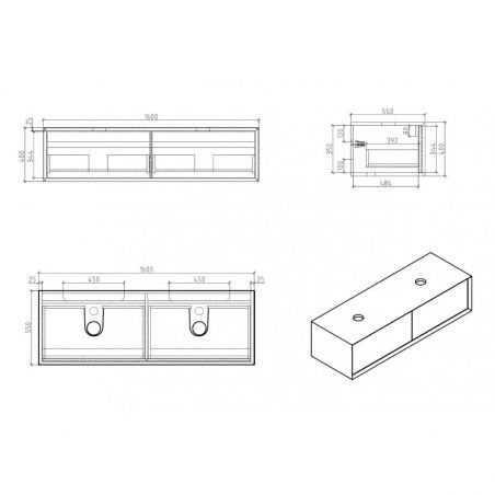 Mobilier de baie EGO-BELLA prevazut cu unul sau doua lavoare din compozit mineral, 120-180 x 55 cm, Negru Mat, Push to open