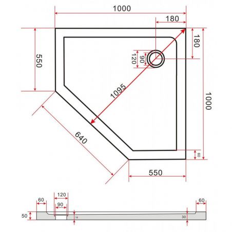 Cadita dus Ego Anteros,acril sanitar, forma pentagonala, negru, inaltime de 5 cm, dimensiuni 90x90 sau 100x100 cm