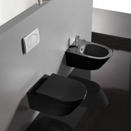 Vas wc EGO-Aristide, montaj suspendat, ceramica sanitara, capac din duroplast cu Soft-close inclus, Negru Lucios, 56x36 cm