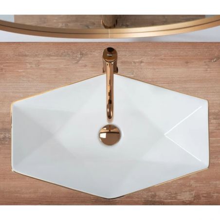 Lavoar hexagonal EGO Vegas Rose Gold Edge, Alb, lucios, 57x37 cm, montaj pe blat, ceramica sanitara