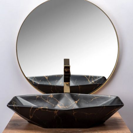 Lavoar hexagonal EGO Vegas Marble, Negru, mat, finisaj marmura, 57x37 cm, montaj pe blat, ceramica sanitara
