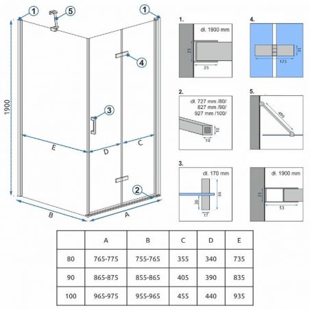 Cabina dus EGO-Molier, perete fix si usa pliabila, sticla securizata 6 mm, 80-100 x 80-100 x190 cm, Easy Clean