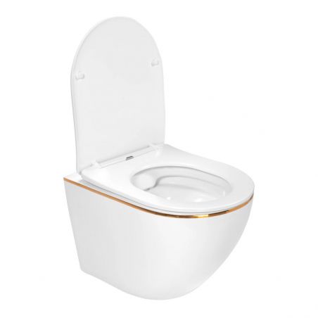 Vas Wc EGO Carlo Mini Rimless Flat Gold Edge, Alb, lucios, 49x37 cm, montaj suspendat, capac Duroplast, ceramica sanitara