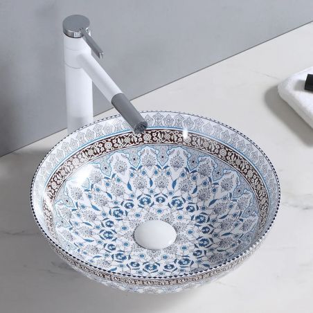 Lavoar EGO Arte Blue, Alb Albastru, lucios, 40.5x40.5 cm, montaj pe blat, ceramica sanitara