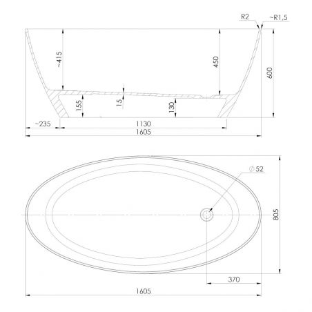 Cada de baie OMNIRES SIENA, Compozit Roca Dolomit, Gri Alb, lucios, 164x81 cm, izolare termica, freestanding