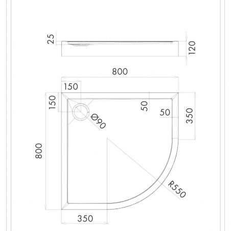 Cadita dus  OMNIRES CAMDEN semirotunda, inaltime 12 cm, Alb lucios,acril sanitar, 80x80 sau 90x90 cm