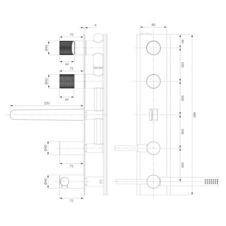 Baterie cada OMNIRES CONTOUR, 5 gauri, Auriu, finisaj periat PVD, duze silicon Easy Clean, montaj incastrat