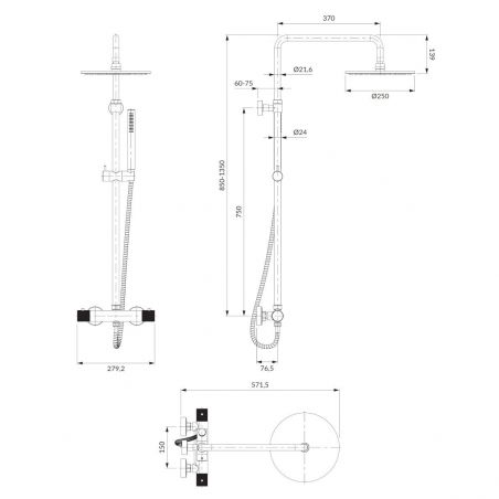 Sistem de dus OMNIRES CONTOUR, termostat, Auriu, finisaj periat PVD, duze silicon Easy Clean, montaj pe perete