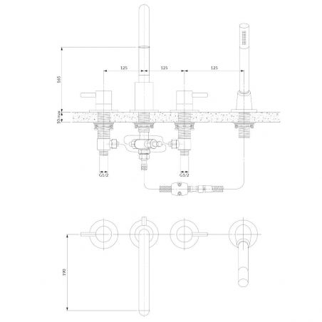 Baterie cada OMNIRES Y,Nichel,finisaj periat PVD, 4 gauri, perlator, montaj pe cada