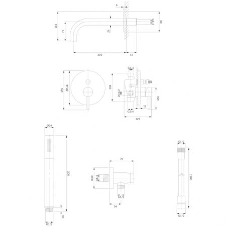 Baterie cada OMNIRES Y, finisaj periat PVD, Auriu, duze silicon Easy Clean, montaj incastrat in perete