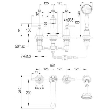 Baterie cada OMNIRES ARMANCE VINTAGE, finisaj PVD, Auriu, 4 gauri, perlator, duze silicon Easy Clean, montaj pe cada