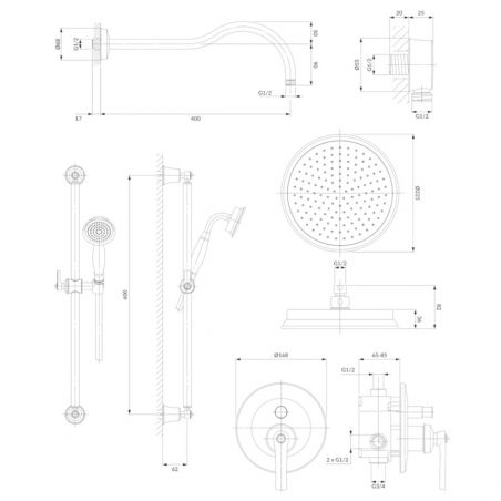 Sistem de dus OMNIRES ARMANCE VINTAGE, finisaj PVD, Auriu, sistem glisant para dus, duze silicon Easy Clean, montaj incastrat