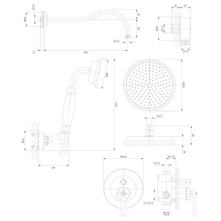 Sistem de dus OMNIRES ARMANCE VINTAGE, finisaj PVD, Auriu, duze silicon Easy Clean, montaj incastrat