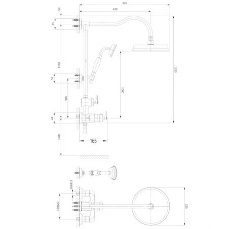 Sistem de dus OMNIRES ARMANCE VINTAGE, finisaj PVD, Auriu, duze silicon Easy Clean, montaj pe perete