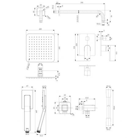 Sistem de dus OMNIRES BARETTI, finisaj Negru Mat, 20 x 20, dus mana 3 functii, montaj incastrat