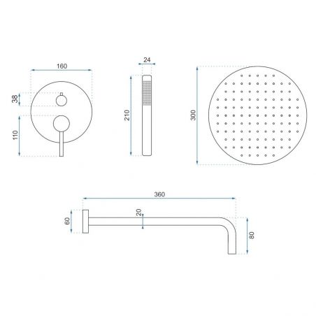 Sistem de dus Lungo, Auriu, finisaj Mat, cap dus 25 cm, montaj incastrat, tratament Anti-Calcar