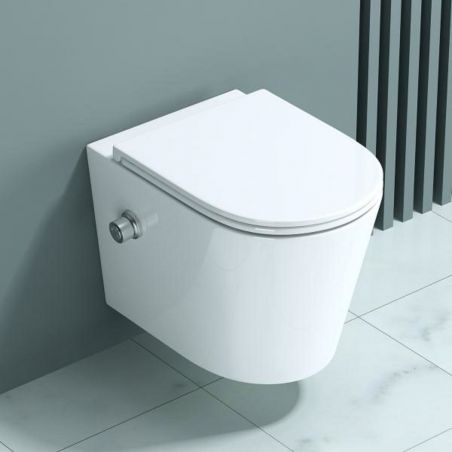 Vas wc suspendat cu functie de bideu A601, 53x36 cm, Rimless, Alb, Tehnologie Powerflush, capac Soft-Close, ceramica sanitara