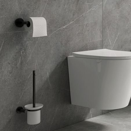 Perie WC cu suport din sticla Omnires Modern Project, Negru, finisaj Mat, montaj pe perete