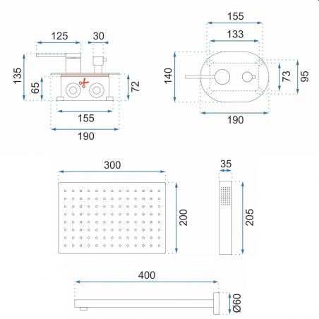 Sistem de dus Oval Gold, Auriu, cap dus 30x20 cm, montaj incastrat, tratament Anti-Calcar