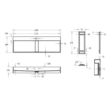 Lavoar dublu EGO 6028, scurgere ascunsa, Antracit Mat, compozit marmura, montaj suspendat sau pe blat, 120x40 cm