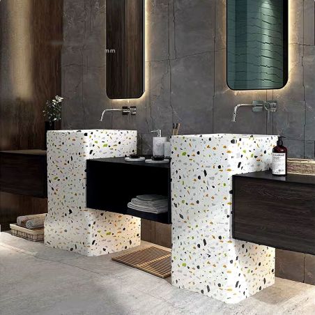 Lavoar stativ Bufon Napoli Terrazo, 40x40x82 cm, montaj pe podea, ceramica sanitara