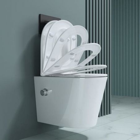 Vas wc suspendat cu functie de bideu A601, 53x36 cm, Rimless, Alb, Tehnologie Powerflush, capac Soft-Close, ceramica sanitara