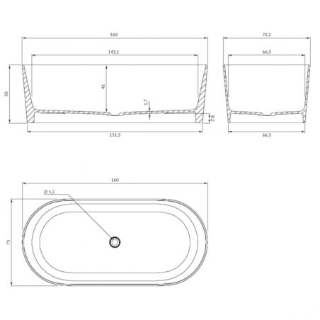 Cada de baie OMNIRES OVO M+, Alb lucios, 160x75x50, Compozit Roca Dolomit, izolare termica, freestanding