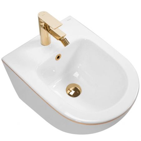 Vas bideu Carlo Mini White Gold Edge, 49.5x37 cm, montaj suspendat, ceramica sanitara