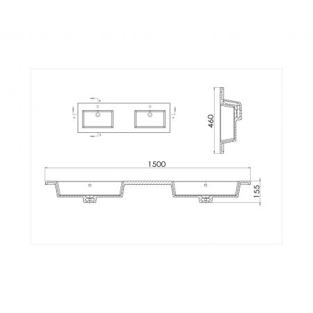 Lavoar dublu Paola, compozit mineral, montaj incastrat, cu 2 gauri de baterie, 150x46 cm