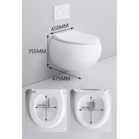 Vas wc, montaj suspendat, Rimless,  Alb Lucios, 47x45 cm, ceramica santiara, capac duroplast cu Soft Close, Roli