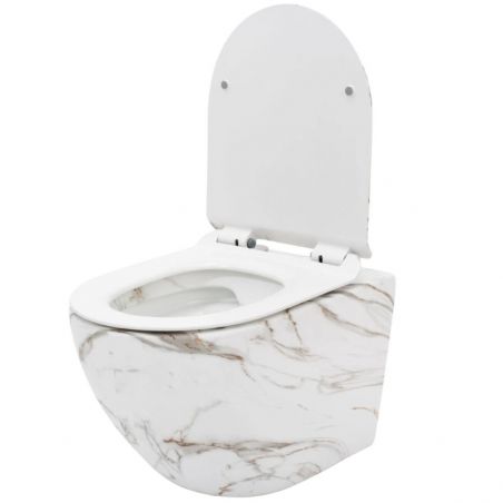 Vas Wc, finisaj marmura, Rimless, 49x36 cm, montaj suspendat, capac Duroplast, ceramica sanitara, Ben