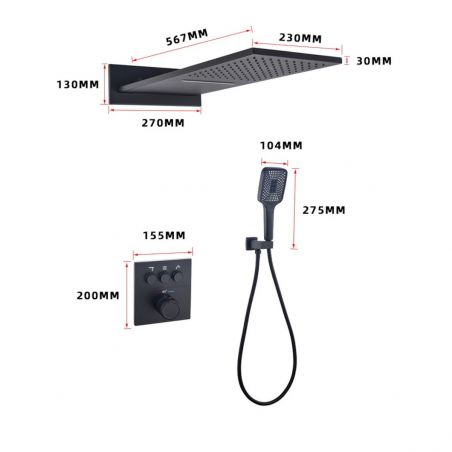 Sistem dus, dus tip ploaie si cascada cu montaj pe perete, baterie incastrata cu termostat, Negru, Gitano