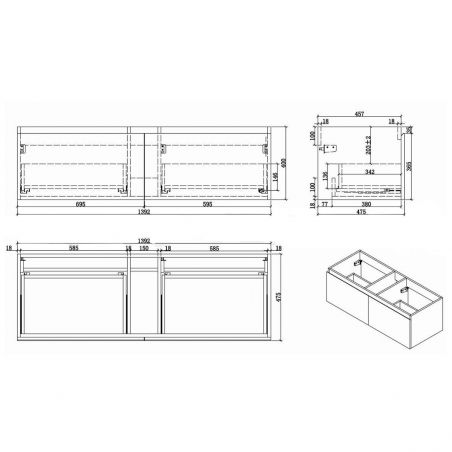 Mobilier de baie cu lavoar, montaj suspendat, sertare MDF, stejar, lavoar din compozit, 120-140x48 cm