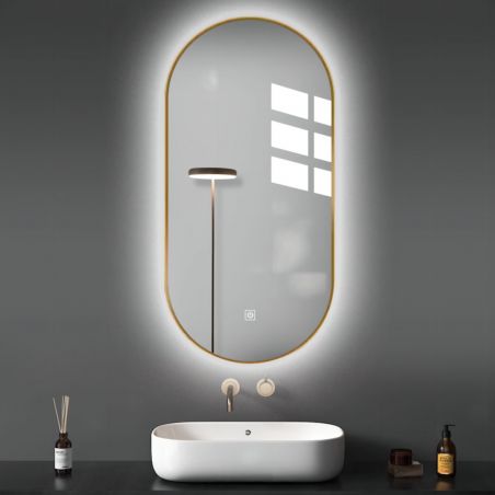Oglinda Led, Dezaburire, Buton Touch, cadru auriu 3 Culori, Intensitate reglabila, dimensiuni 50x100-40x120 cm, Victoria