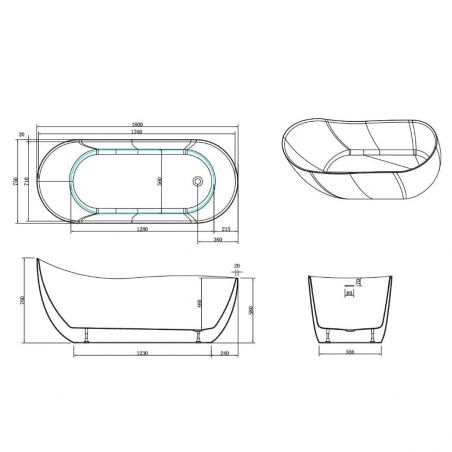 Cada de baie, freestanding,  Acril, ventil  inclus, Alb Lucios, 180x75 cm, Liza