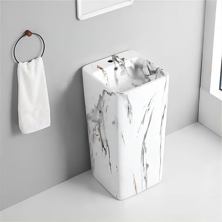 Lavoar stativ Imola Marble, cu gaura de baterie, 40x40x85 cm, montaj pe podea, ceramica sanitara