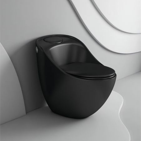Vas WC New Santa Rimless, 69x46 cm, Rezervor Incorporat, Negru Mat, Power Colour, montaj podea, capac cu soft-close inclus