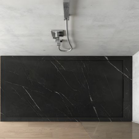 Cadita de dus, Negru Marquina, finisaj Marble Mat, compozit mineral, dimensiuni 100-160x80-90 cm, decupabila, Antonio