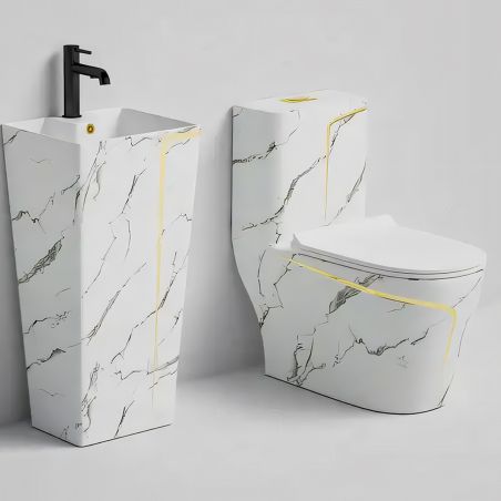 Lavoar stativ Lazio Marble, 43x35x85 cm, montaj pe podea, cu gaura de baterie, ceramica sanitara, Royalty Line by Ego