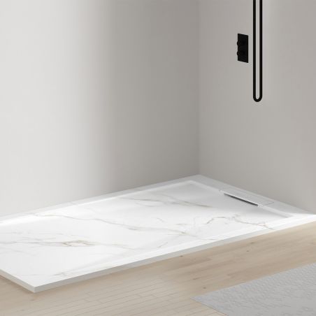 Cadita de dus, Alb Calacatta, finisaj Marble Mat, compozit mineral, dimensiuni 100-160x80-90 cm, decupabila, Antonio