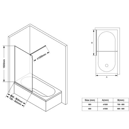 Paravan cada, fix, transparent, profile Crom, sticla securizata 8 mm, 80-90x150 cm , Nora