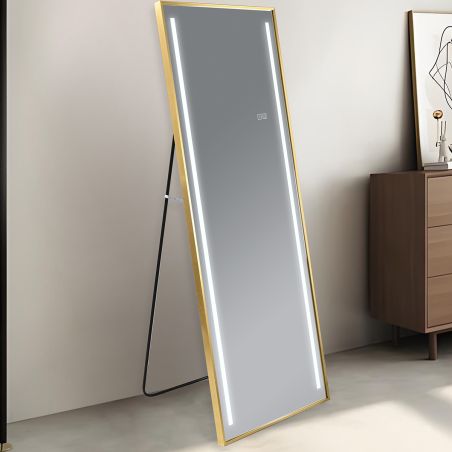 Oglinda Led de podea sau perete, cadru auriu aluminiu, touch, 3 Culori, dezaburire, 5 mm, dimensiune: 60x165 cm, Mirage