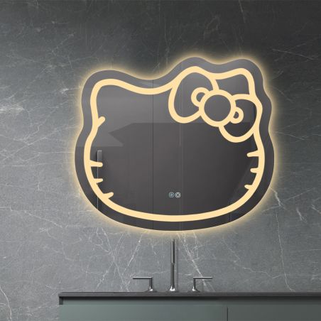 Oglinda Led, sticla 5 mm,  Dezaburire, Buton Touch, 3 Culori, Intensitate reglabila, dimensiuni 80 x 70 cm, Hello Kitty