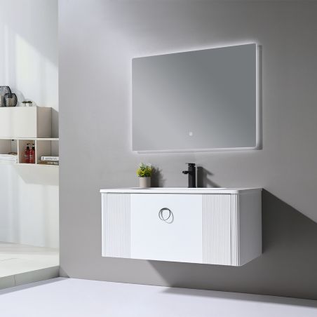 Mobilier baie din Pvc, cu lavoar din compozit corian, dimensiuni: 100 x 52 cm, inchidere Soft Close, Nest